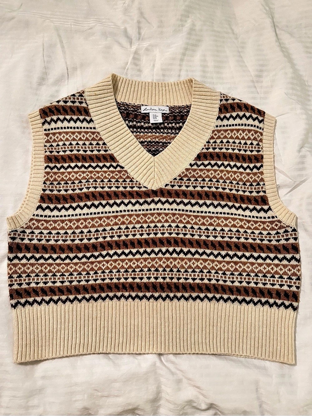 London Kaye Fair Isle V-Neck Sweater Vest in Cream & Brown Size Medium